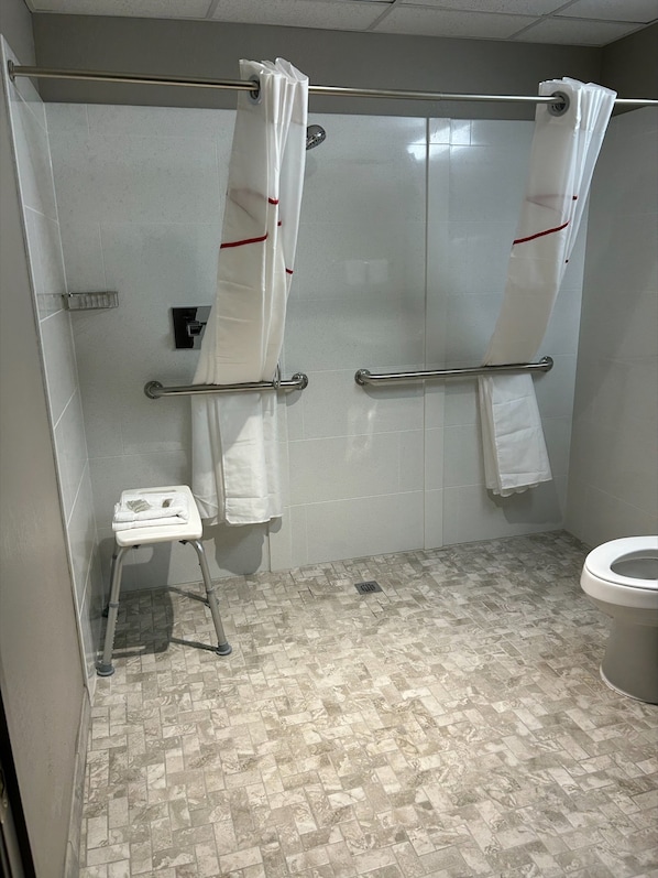 A bathroom with a shower, a toilet, and a small step stool.