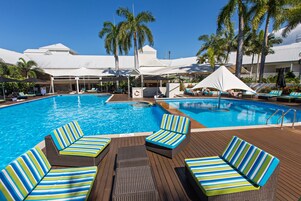 Outdoor pool, open 6:00 AM to 8:00 PM, pool umbrellas, sun loungers