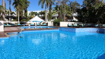 Outdoor pool, open 6:00 AM to 8:00 PM, pool umbrellas, sun loungers