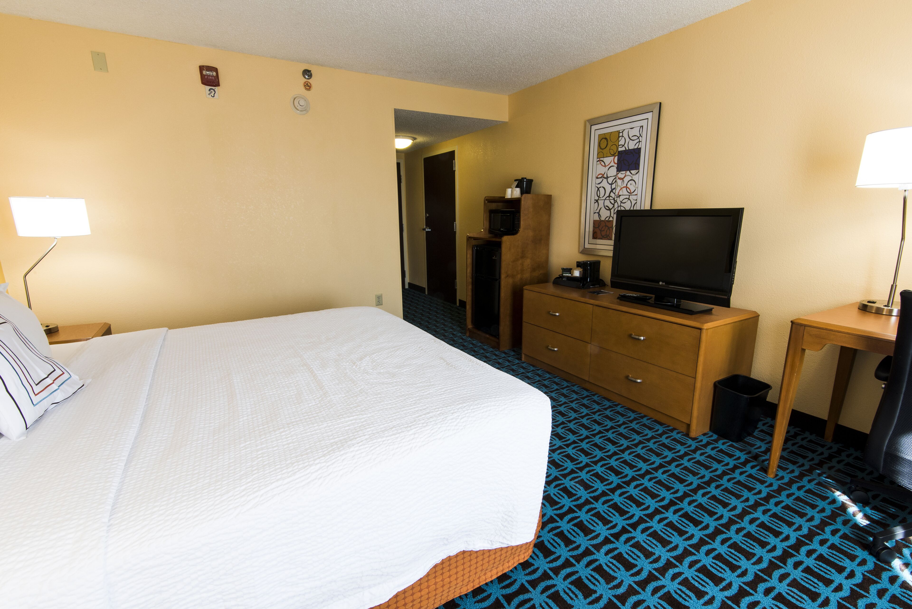 A hotel room with a bed, a desk, a television, and a trash bin.