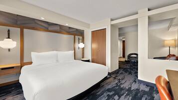 Desk, laptop workspace, blackout curtains, iron/ironing board