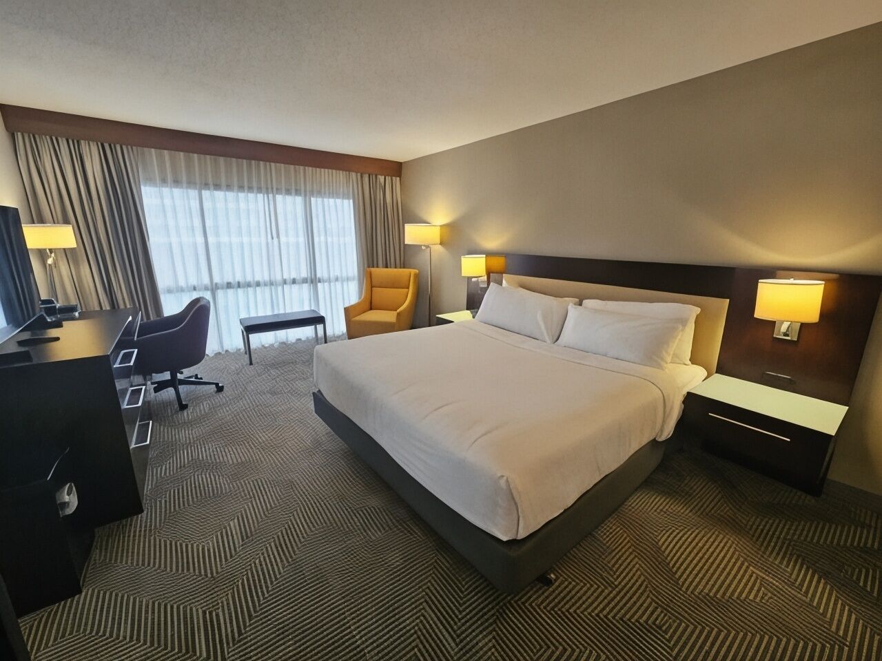 Premium bedding, desk, blackout curtains, iron/ironing board