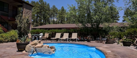 Seasonal outdoor pool, sun loungers