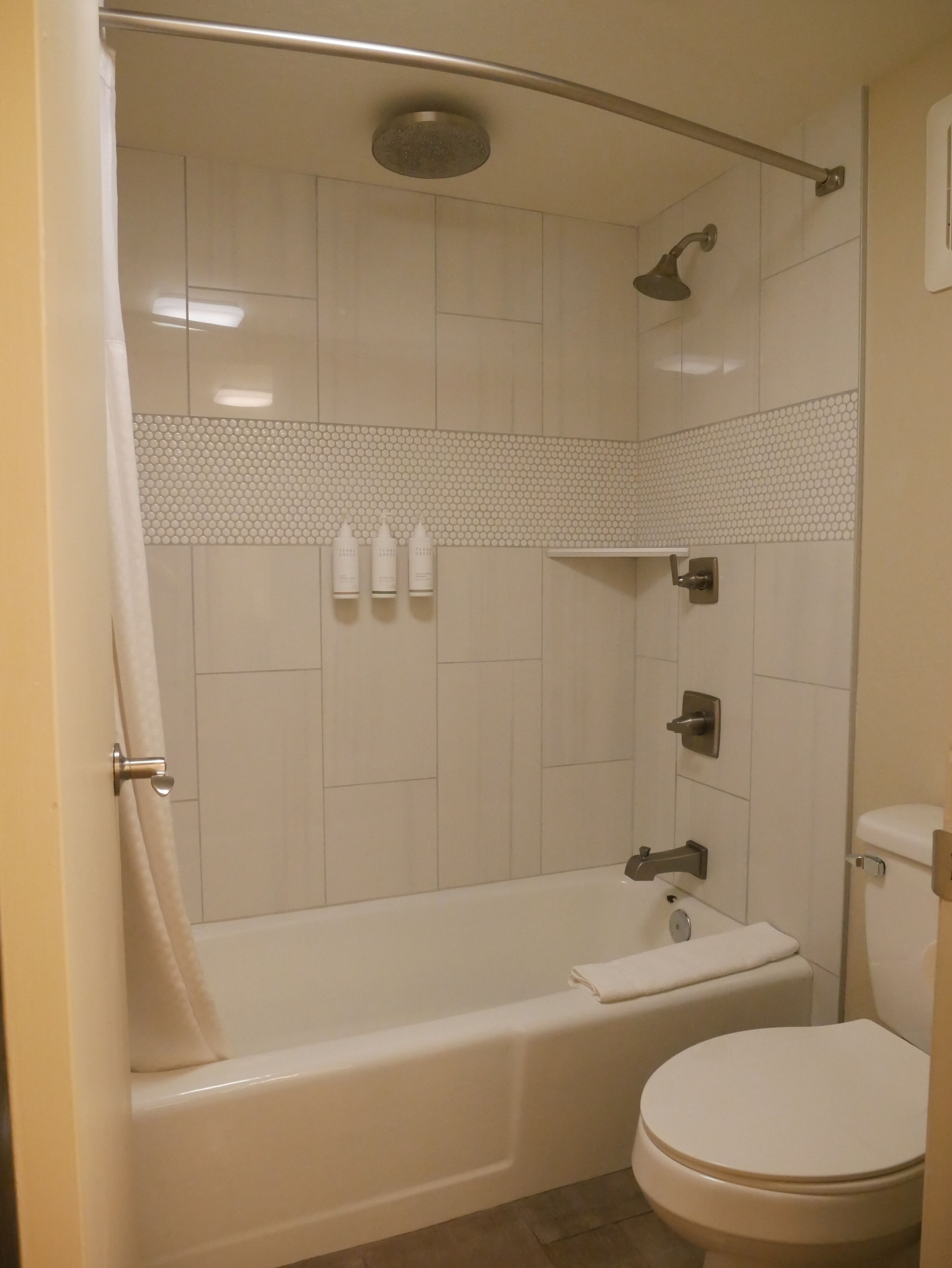 Ein Badezimmer mit Badewanne, Toilette und Dusche.