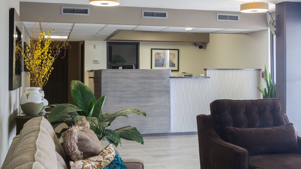 A reception area with a reception desk, a brown armchair, a beige sofa, and a large potted plant. - Marina Inn & Suites Chalmette - New Orleans (Chalmette)