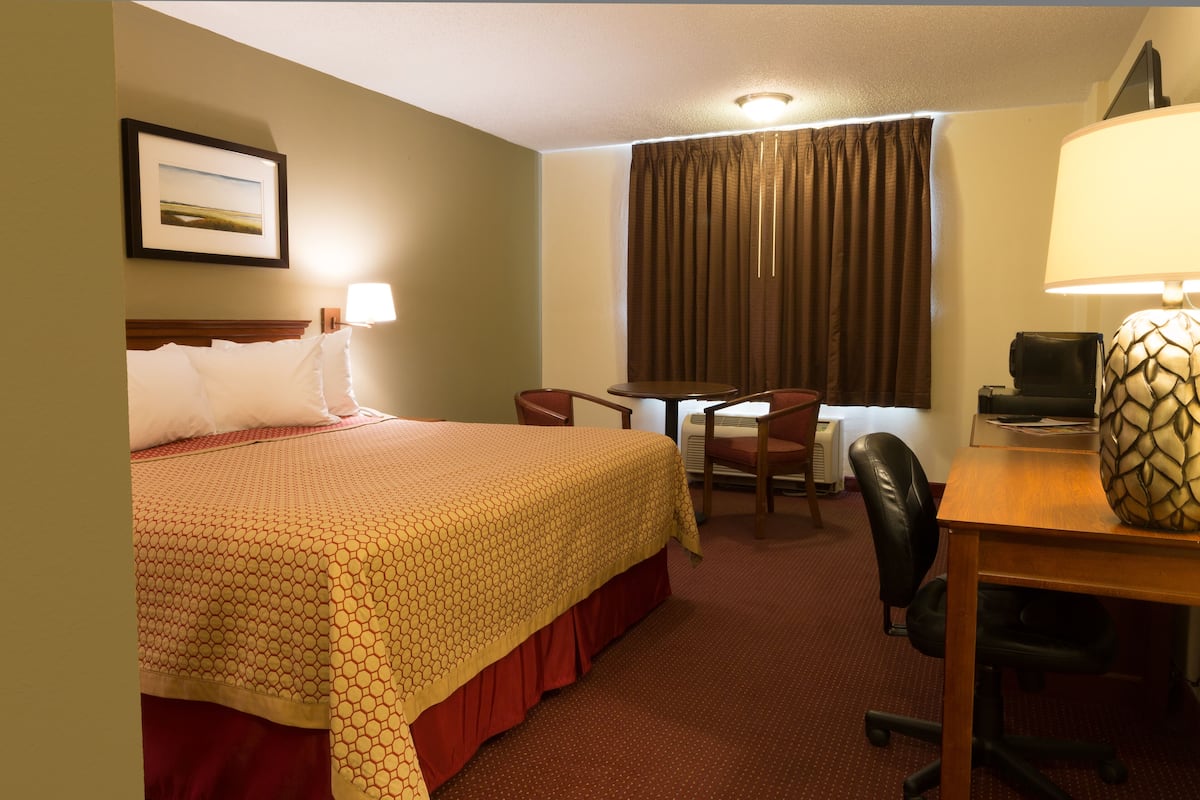 Une chambre d’hôtel comprenant un lit, un bureau, une chaise, une lampe et un téléviseur.