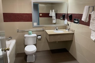 Un baño con inodoro, lavabo y espejo.