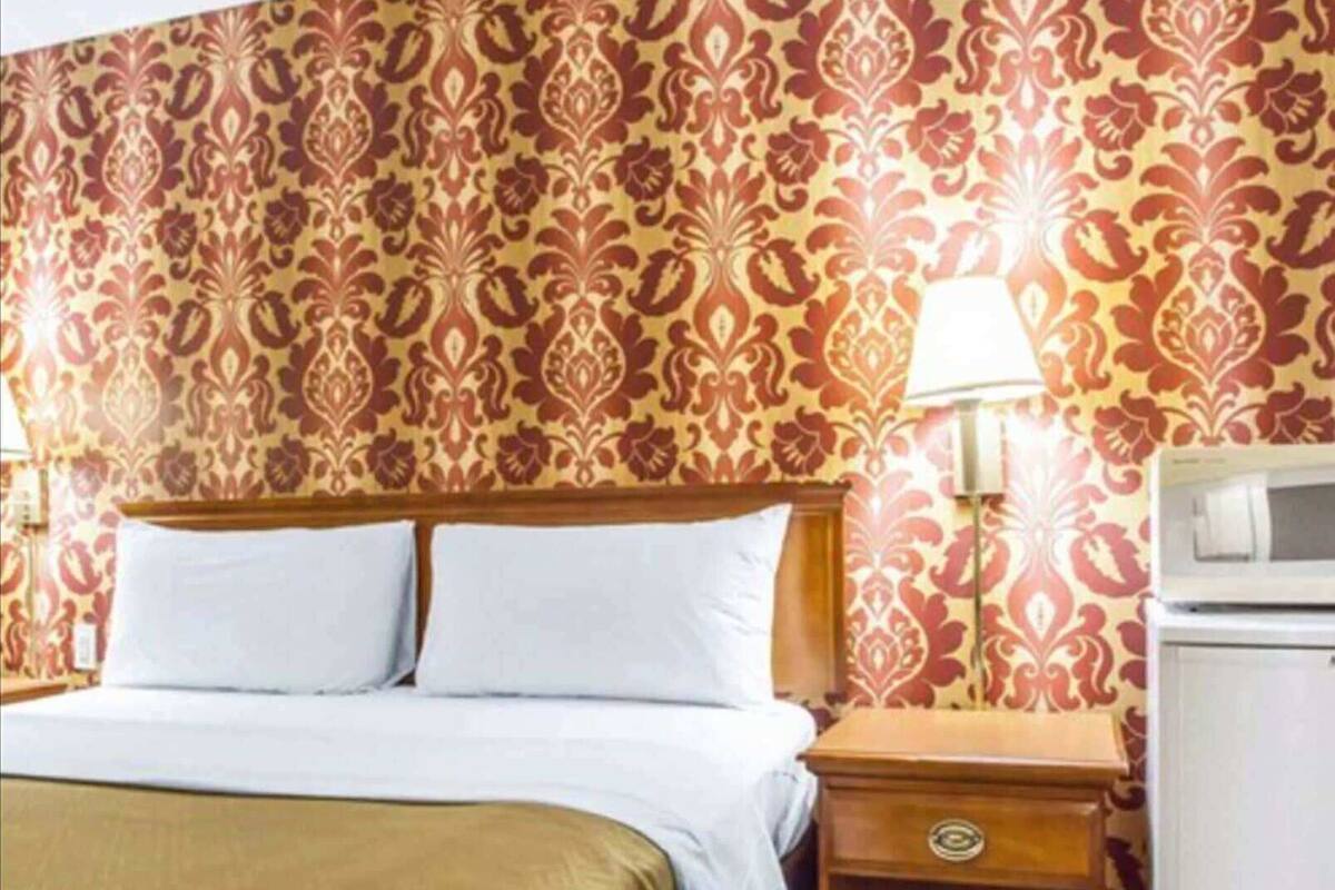 Ein Hotelzimmer mit gemustertem Wandpapier, einem Bett mit weißer Bettwäsche, einem Nachttisch mit Lampe und einem Kühlschrank.
