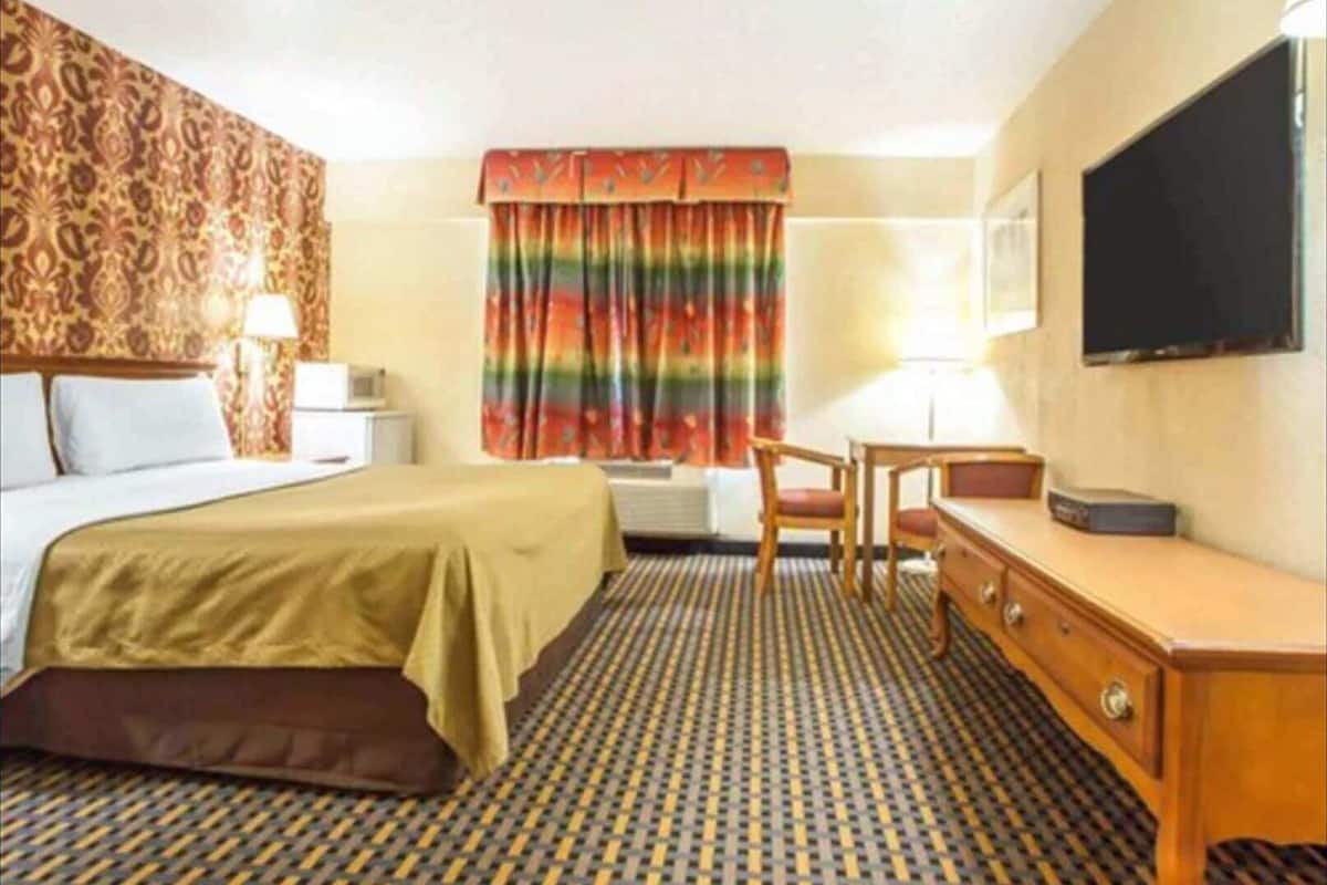 Ein Hotelzimmer mit einem Bett, einem Schreibtisch, einem Stuhl, einem Fernseher und einem gemusterten Teppich.