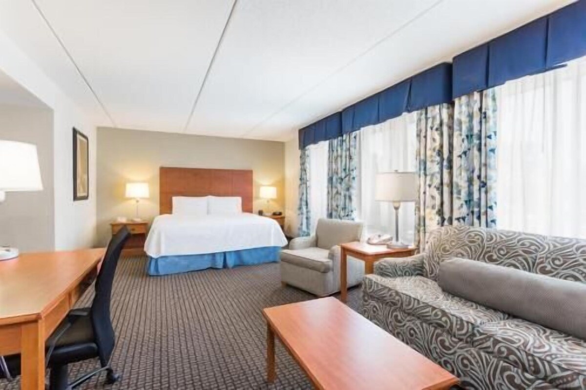 A hotel room with a bed, a desk, a chair, a sofa, and a patterned armchair.