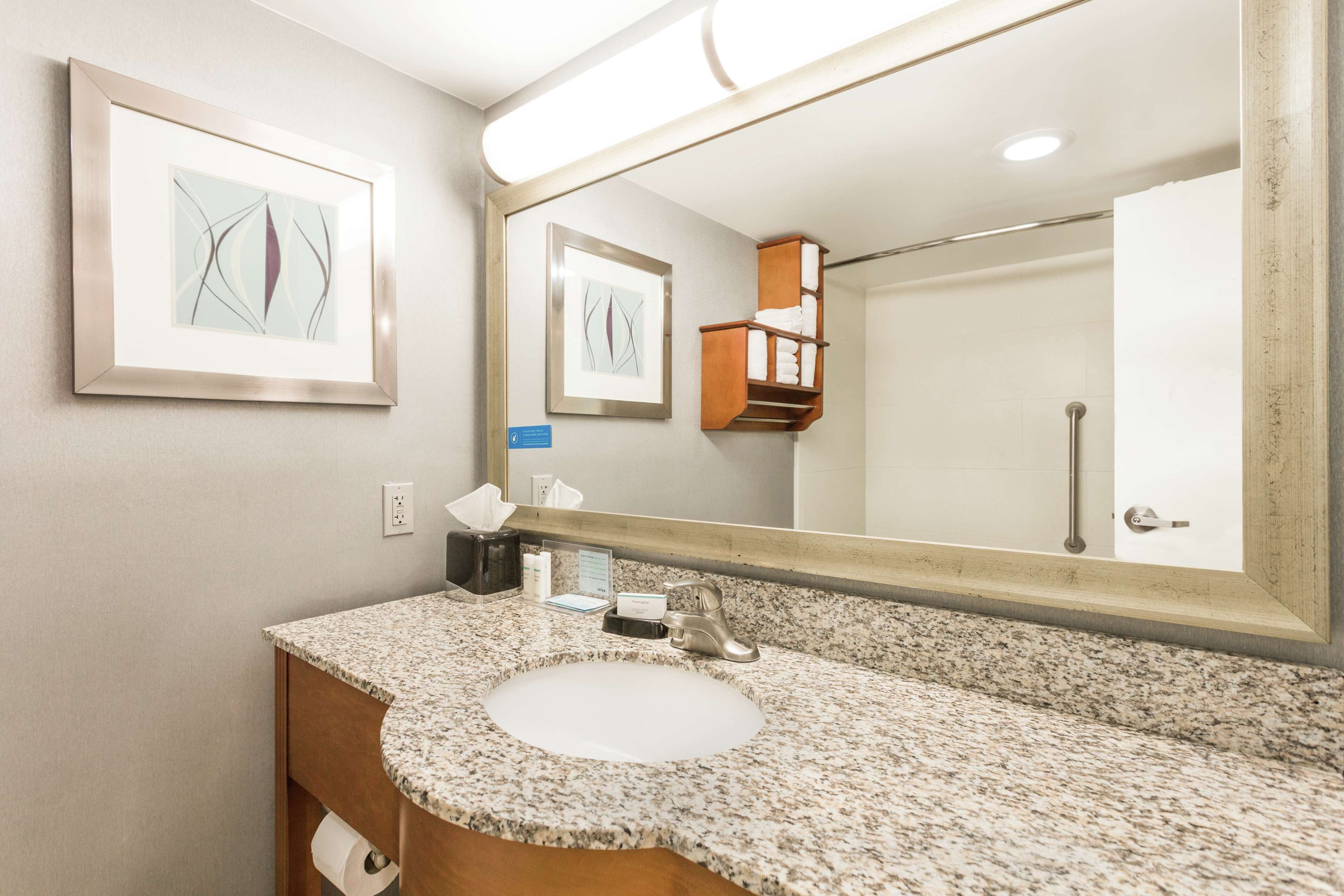 combined shower/bathtub, free toiletries, hair dryer, towels