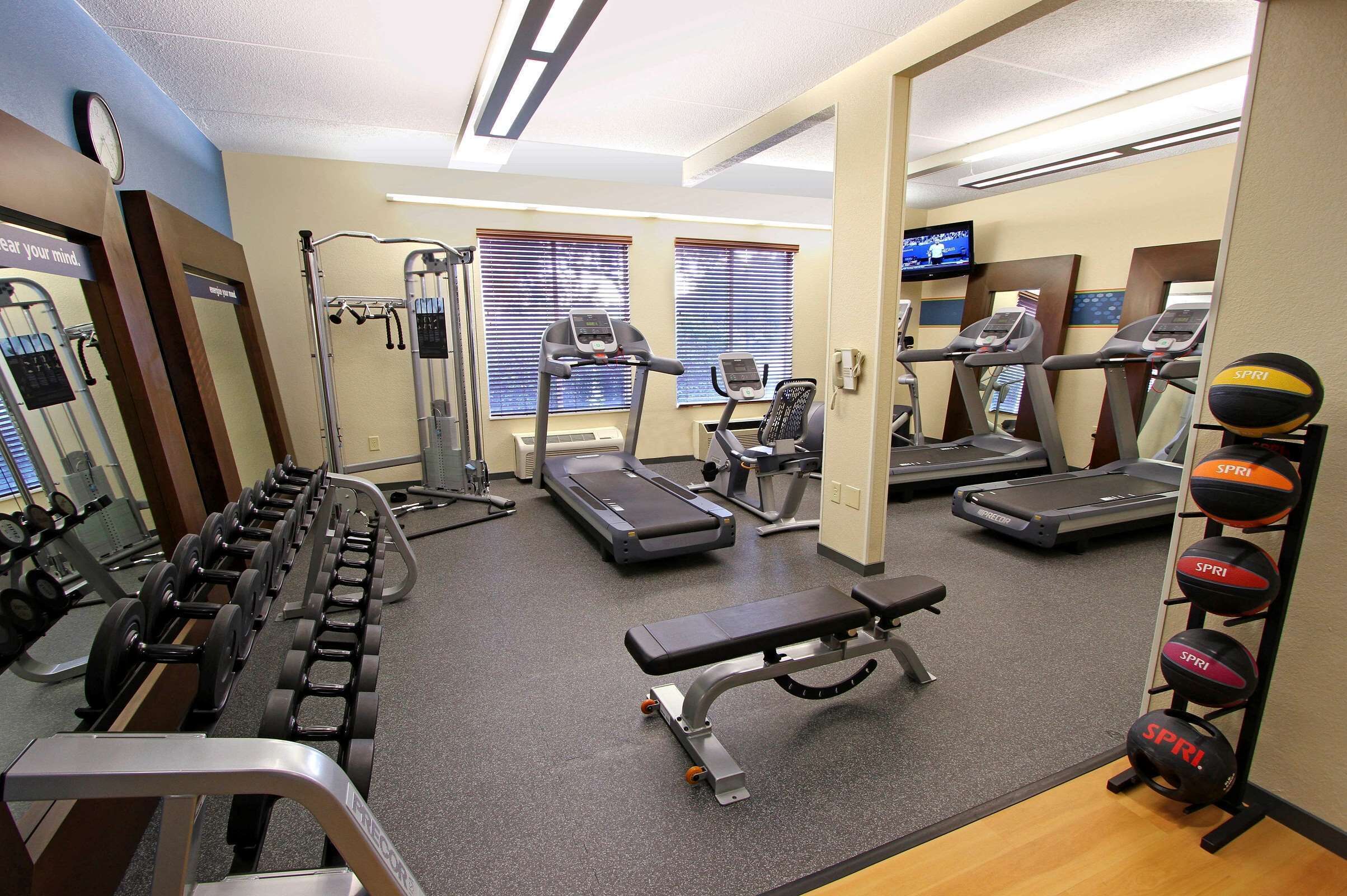 A gym with treadmills, elliptical machines, and free weights.
