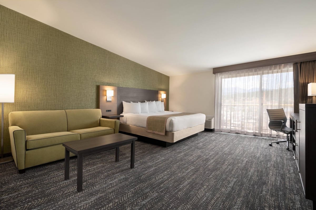 A hotel room with a bed, a sofa, a desk, and a chair.