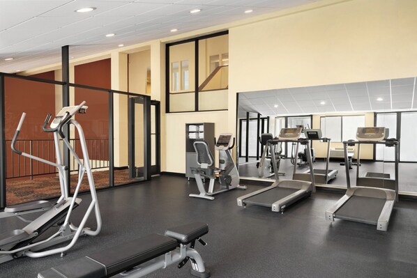 A gym with treadmills, elliptical machines, and weight benches.