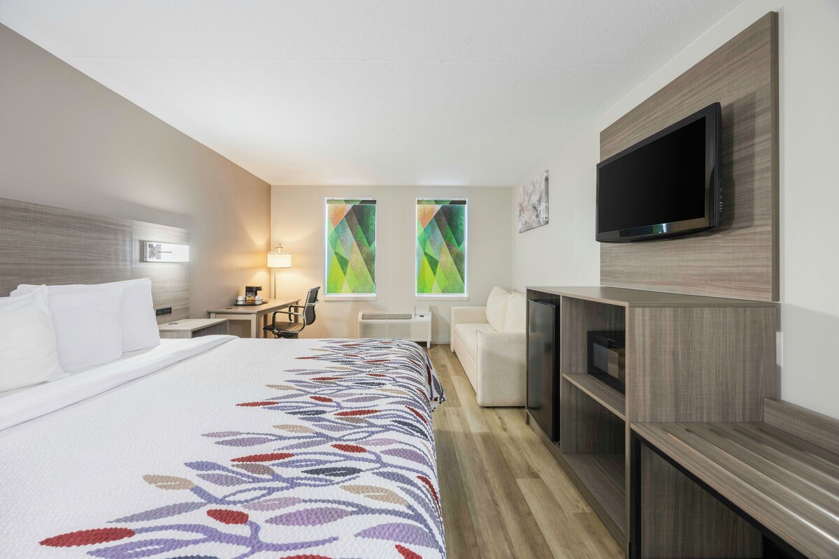 Habitació d'hotel amb un llit gran, una taula de treball amb una làmpada, un televisor fixat a la paret i dues finestres amb obra d'art abstracta.