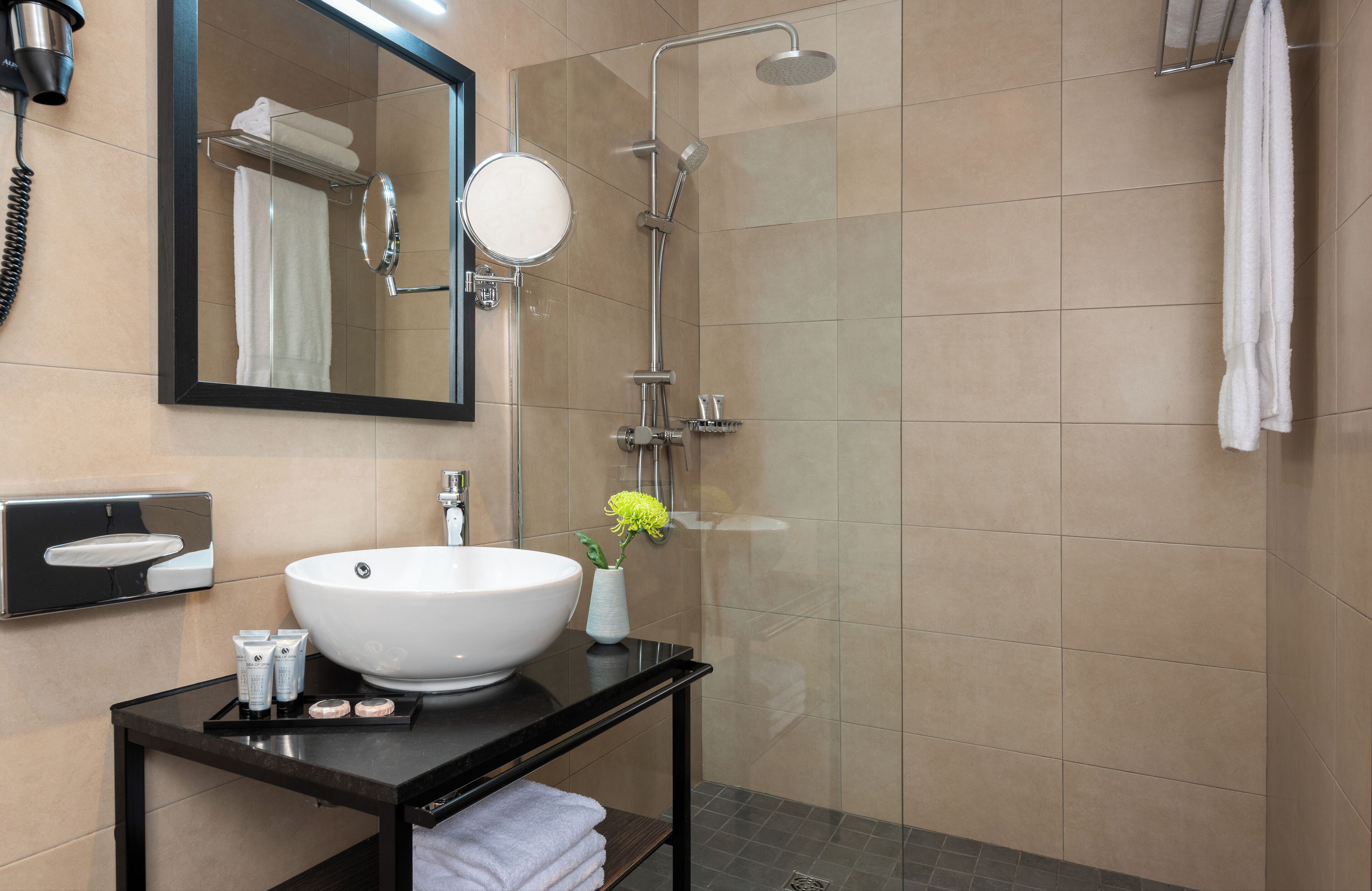 A modern bathroom with a large mirror, a white sink, and a handheld showerhead.