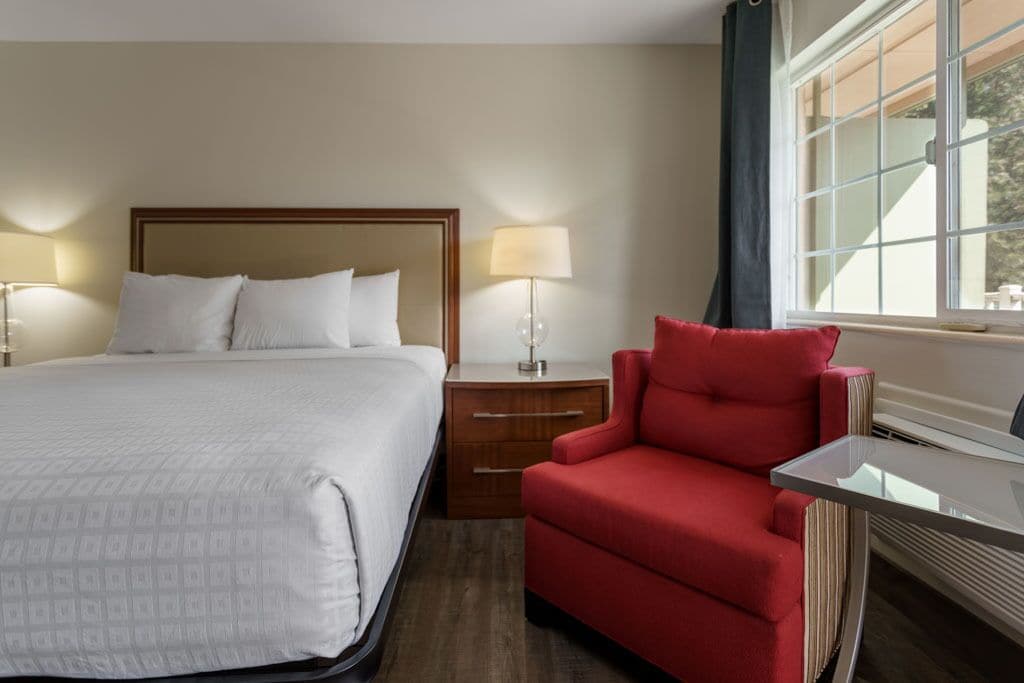 Habitación de hotel con una cama grande, un sillón rojo, una mesita de noche con lámpara y un ventanal con cortinas.