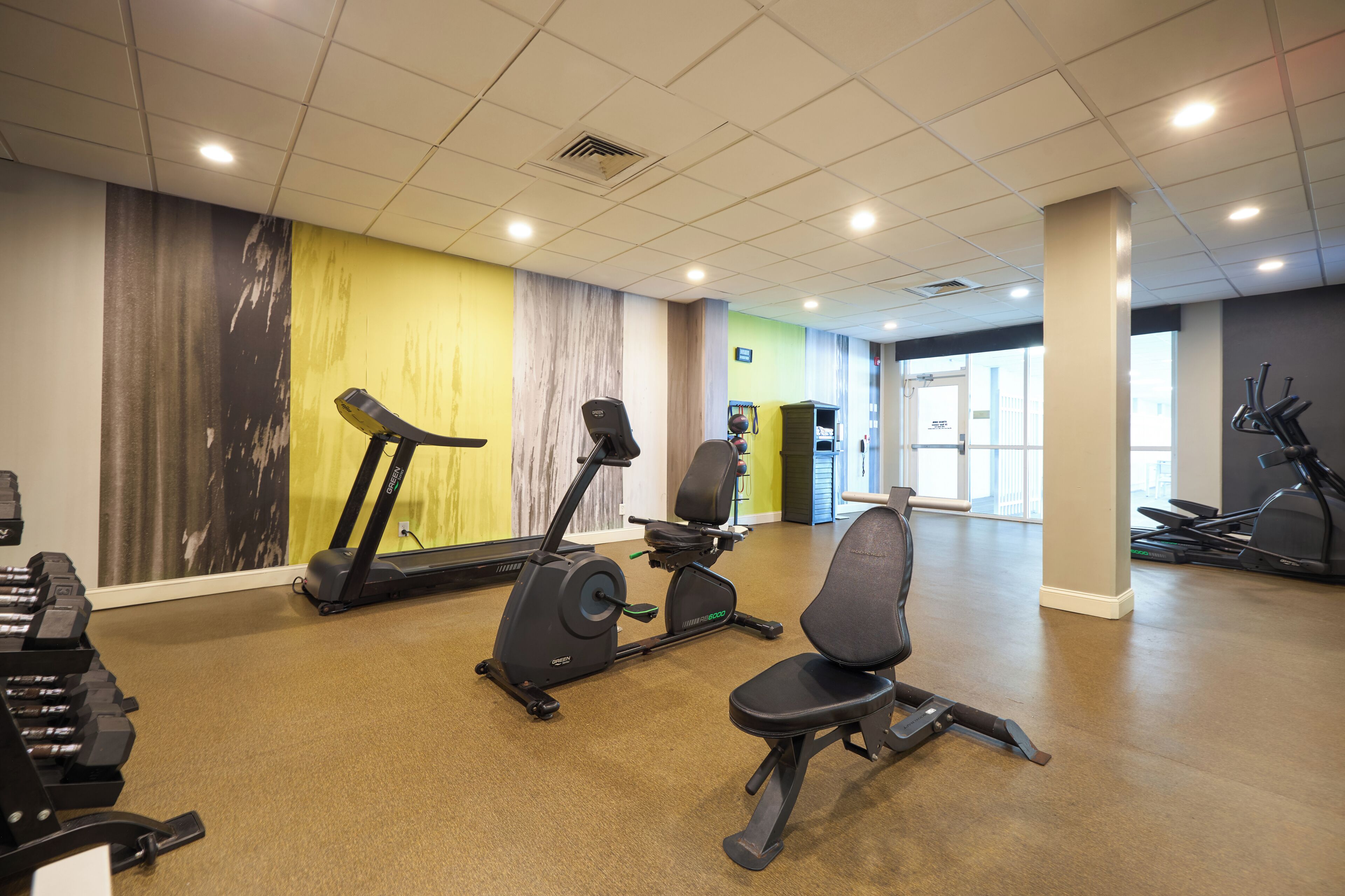 A gym with treadmills, stationary bikes, and weight machines.