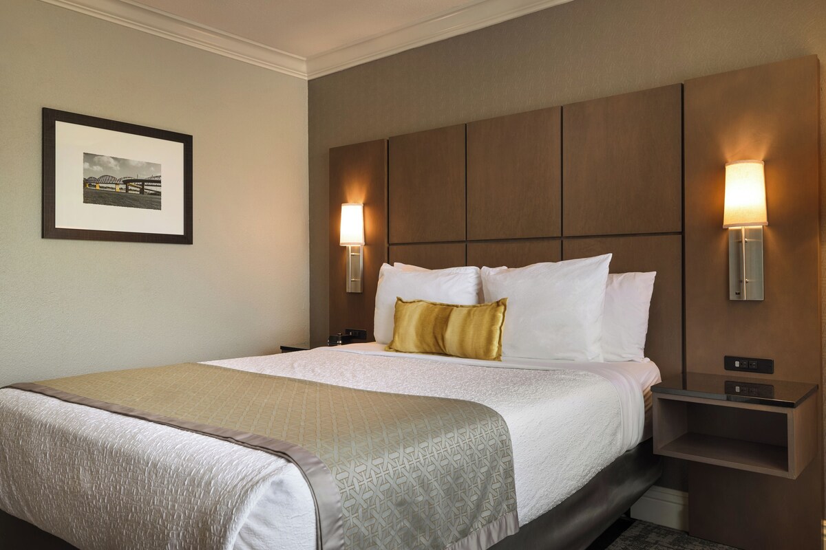 Quarto de hotel com uma cama grande, cabeceira, abajures, um quadro na parede e uma mesa de cabeceira pequena.