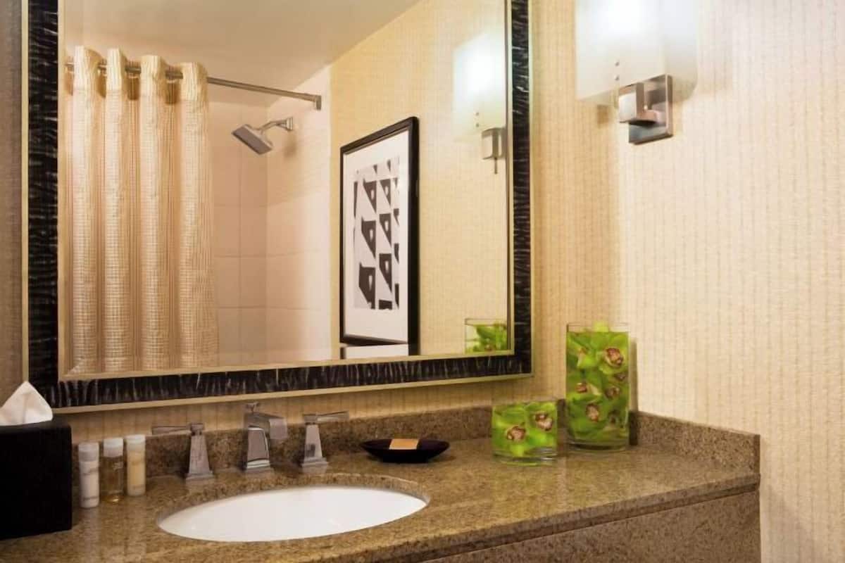 Shower, designer toiletries, hair dryer, towels