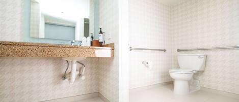 Une salle de bain équipée d’un lavabo, d’un miroir, de toilettes et de barres d’appui.