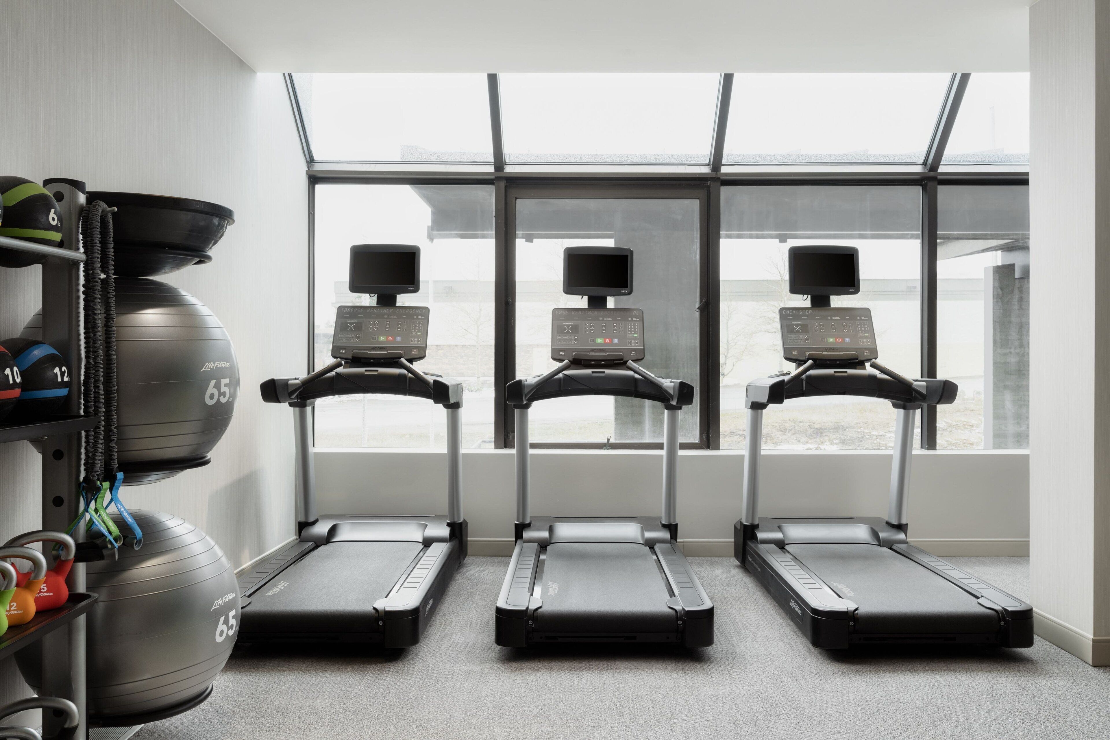 A gym with treadmills, a rowing machine, and a large exercise ball.