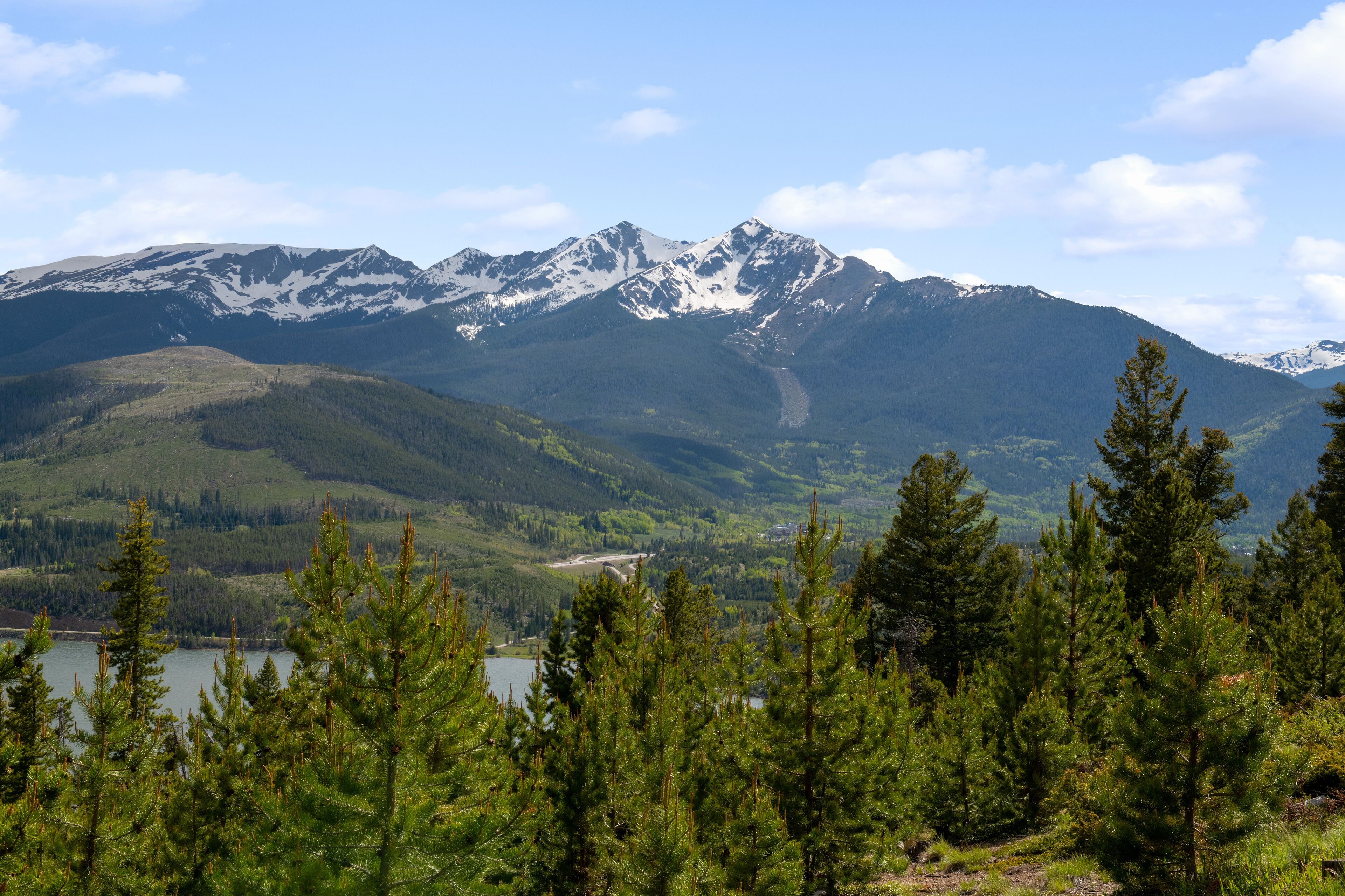 A mountainous landscape with snow-capped peaks, a lake, and dense forest in the foreground.