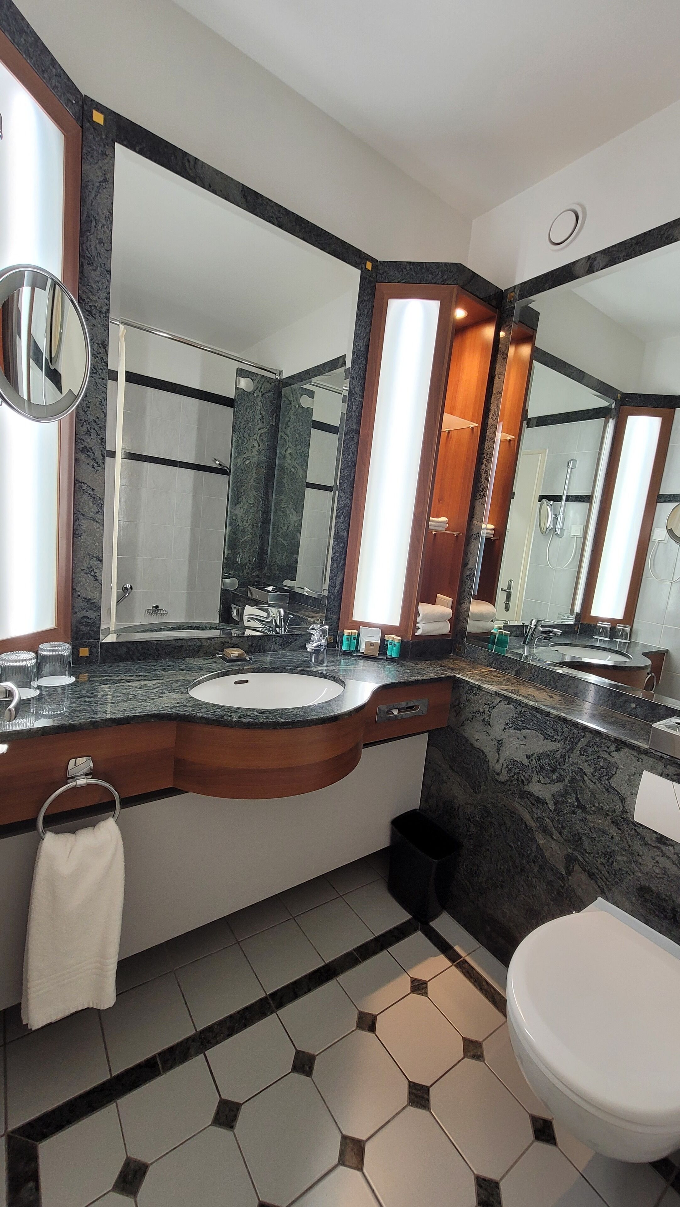 Une salle de bain moderne avec deux lavabos, un grand miroir et des toilettes.