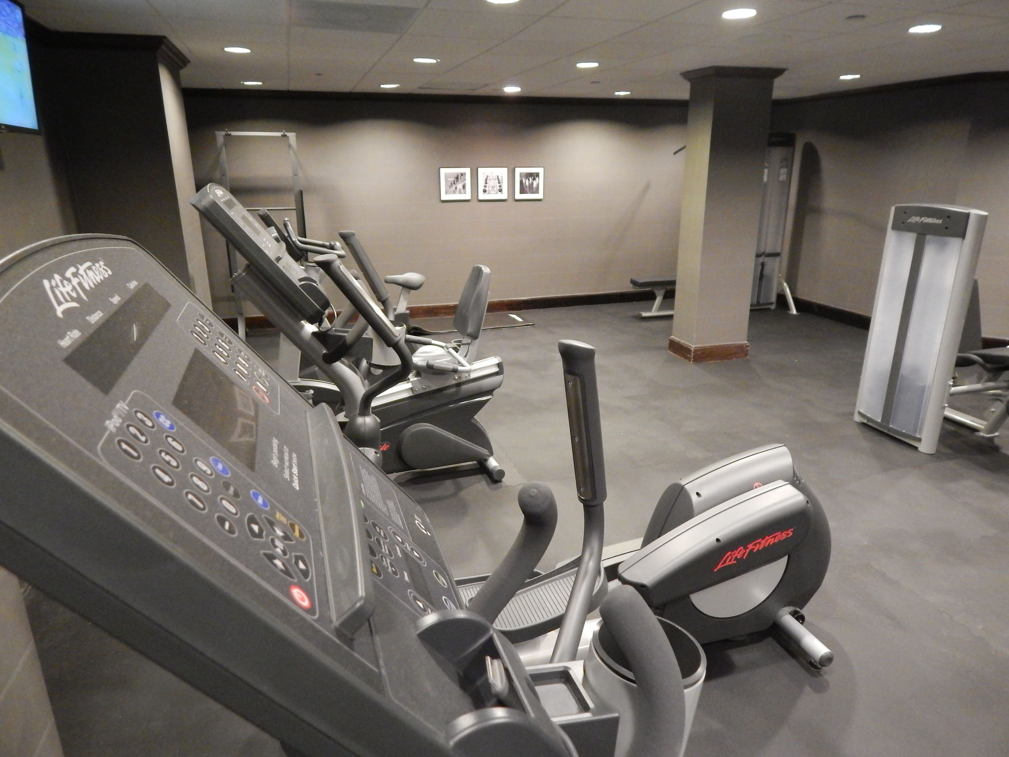 A gym with various exercise equipment including treadmills, elliptical machines, and weight machines.