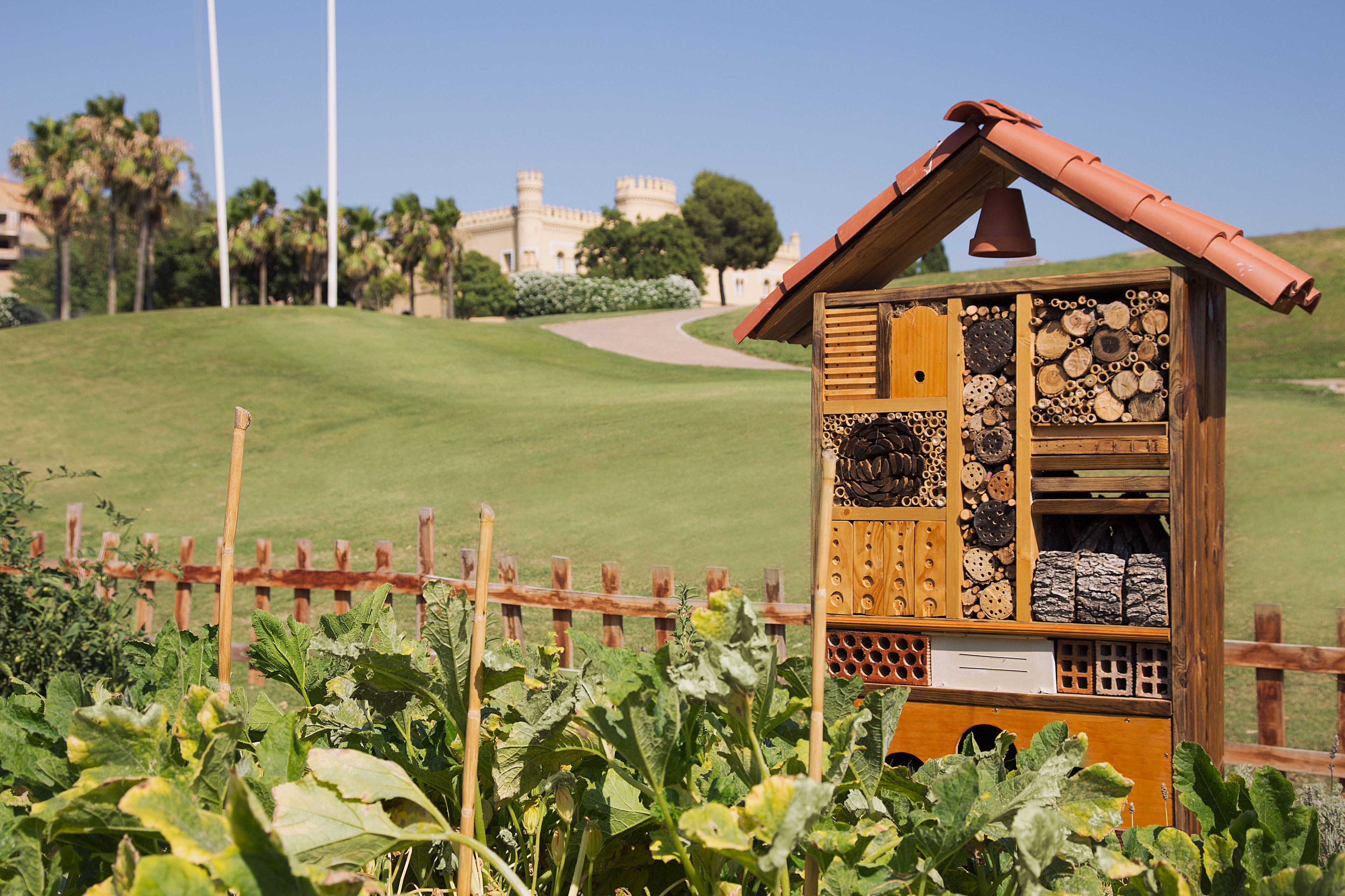 Eine hölzerne, bienenkorbähnliche Struktur mit Abteilen für Bienen, umgeben von einem Holzzaun und üppigem Grün.