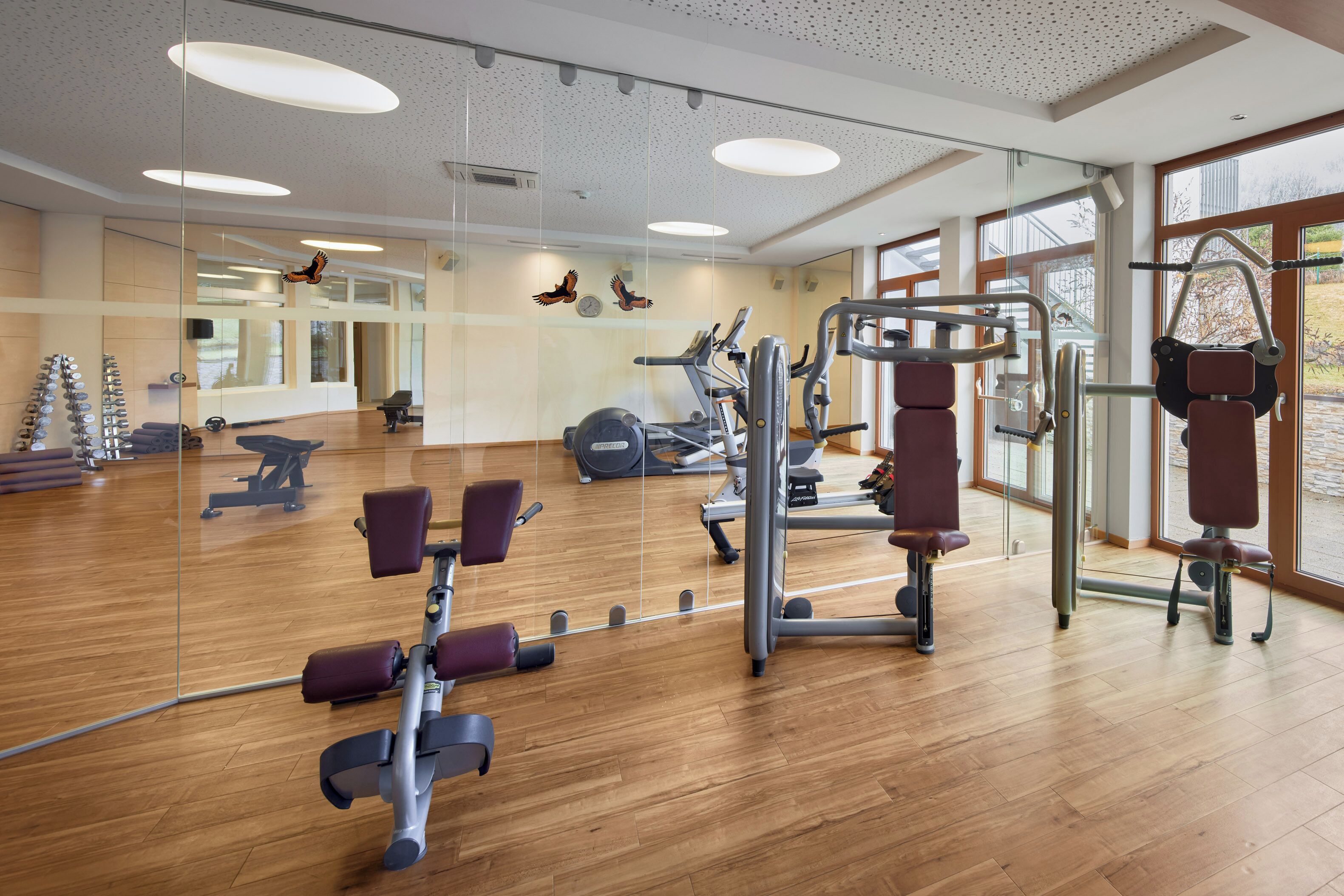 A gym with exercise equipment, large windows, and a wooden floor.