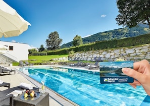 Indoor pool, outdoor pool, pool umbrellas, sun loungers