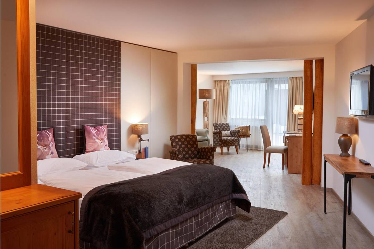 Habitación de hotel con una cama grande, un escritorio, una silla y un televisor.