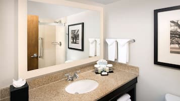 A bathroom with a large mirror, a sink, and a toilet. There are towels hanging on a rack and a framed picture on the wall.