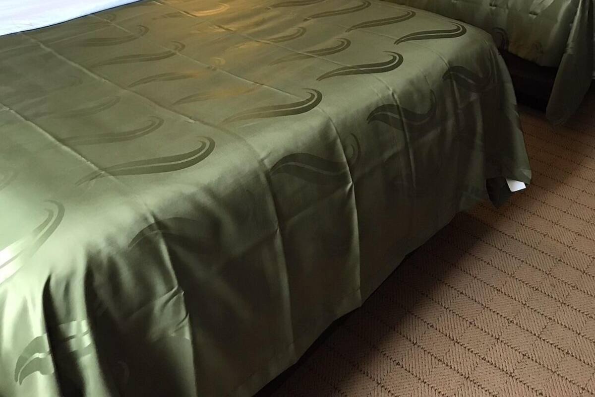 A hotel room with two beds, a nightstand with a lamp, and a wall-mounted phone.