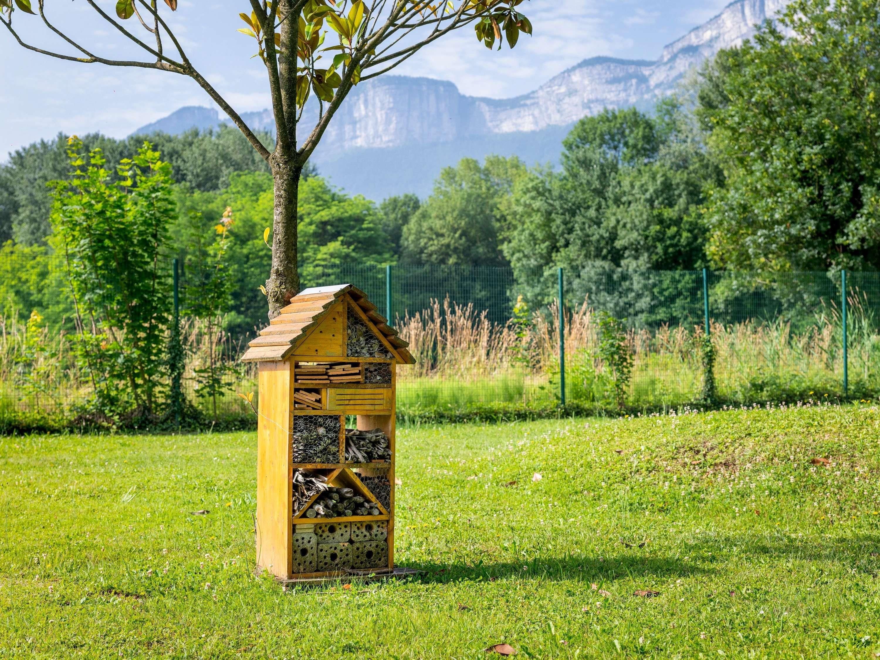 Una casa pájaro de madera con compartimentos para anidar y alimentarse, ubicada en un campo de césped con montañas al fondo.
