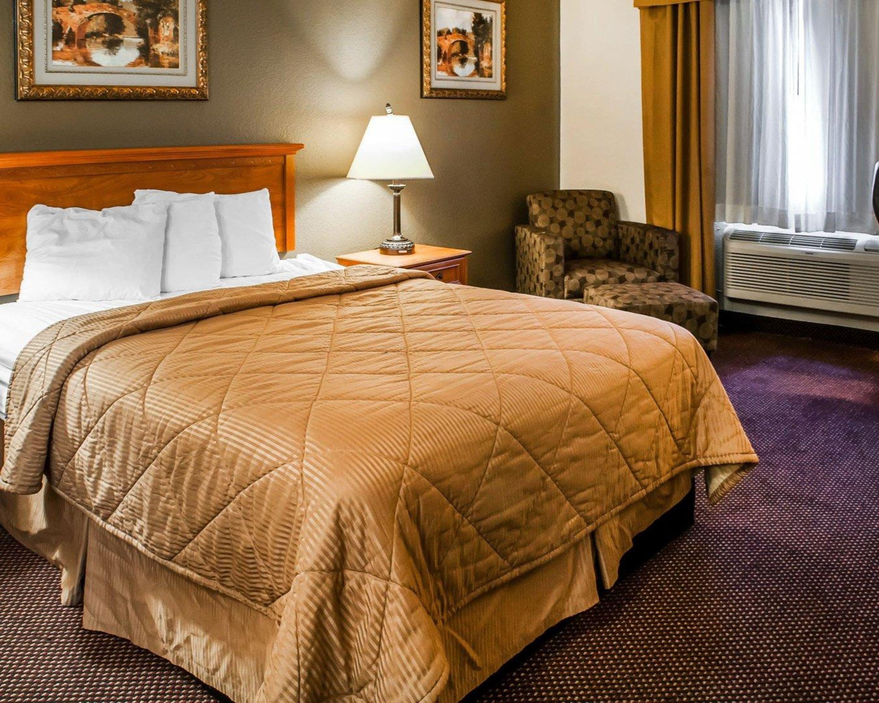 A hotel room with a large bed, a nightstand with a lamp, a chair, and a window with curtains.