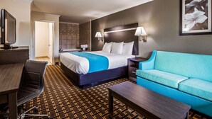 Una camera d'albergo con un letto, una scrivania, una sedia, un divano e un bagno con una vasca.