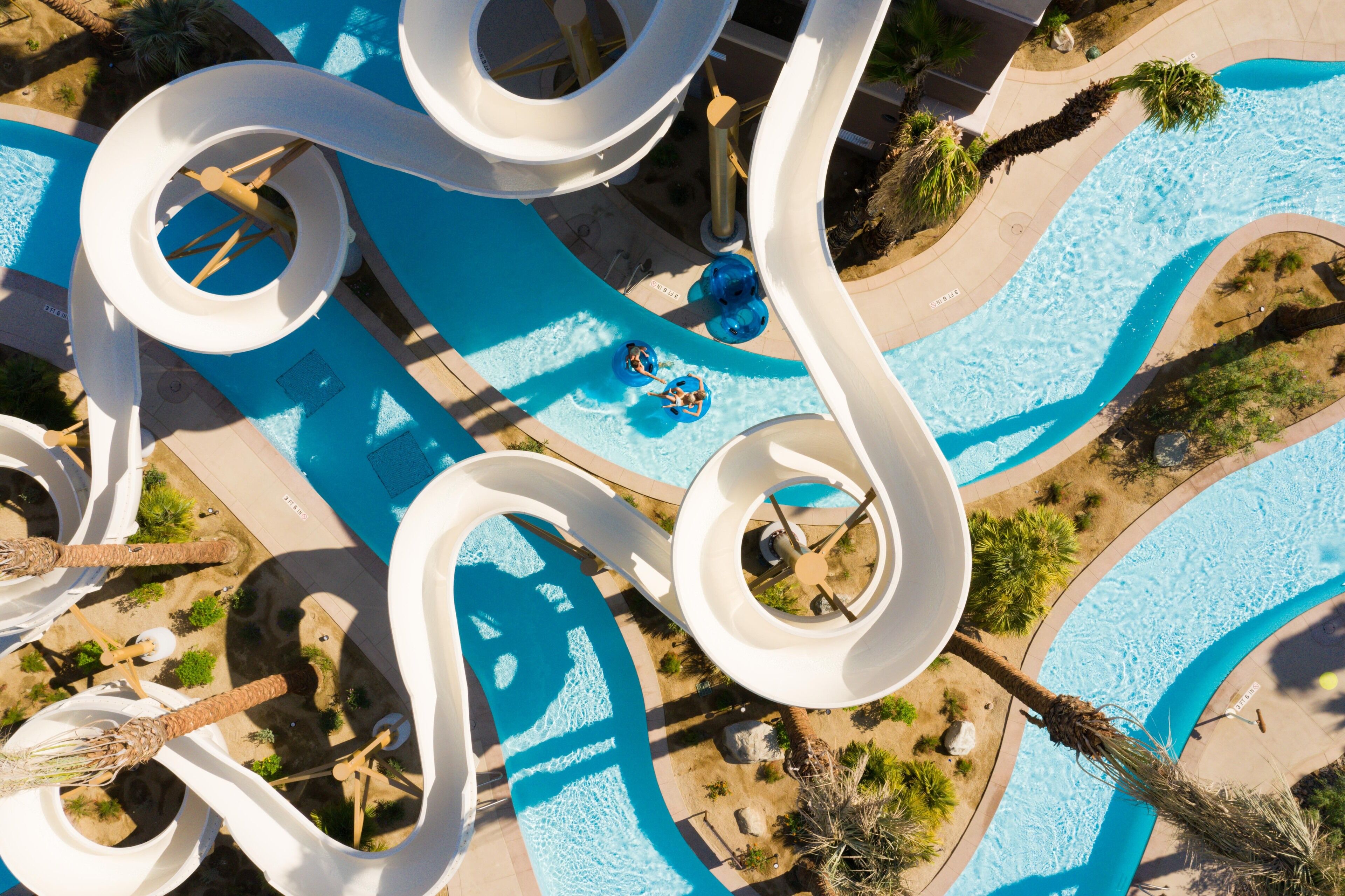 A water park with multiple slides and pools.