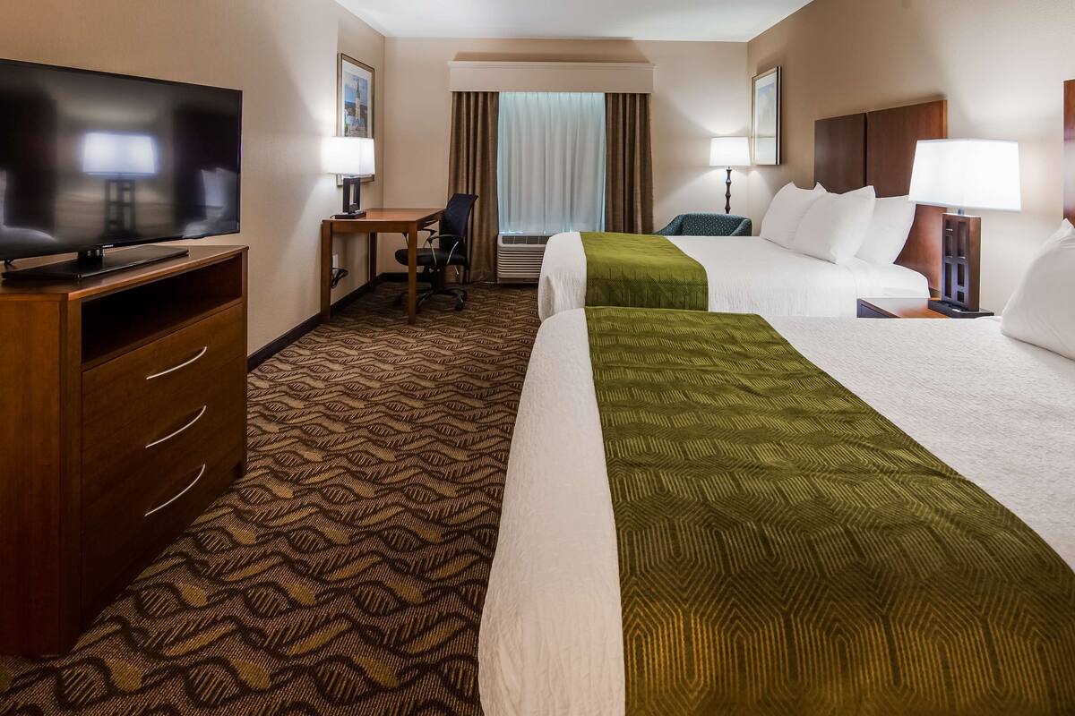 A hotel room with a television, a desk with a chair, two beds with pillows, a lamp, and a patterned carpet.