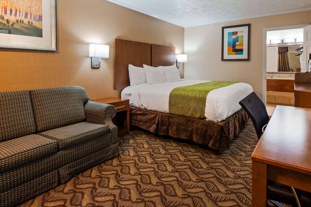 A hotel room with a bed, a sofa, a desk, and a television.