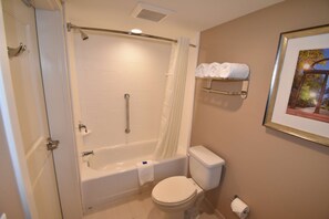 Combined shower/tub, free toiletries, hair dryer, towels