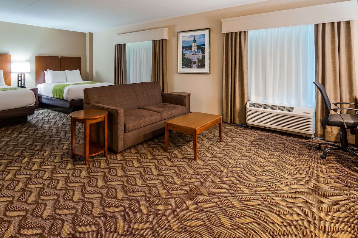 Down comforters, desk, laptop workspace, blackout drapes