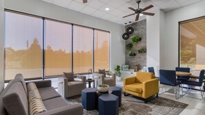 Un salon moderne doté de grandes fenêtres, d’un ventilateur de plafond et d’un assortiment de sièges, notamment un canapé, des fauteuils et des poufs.