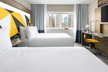 Room, 2 Double Beds, City View (Social) | Hypo-allergenic bedding, in-room safe, desk, blackout drapes at M Social Hotel Times Square New York