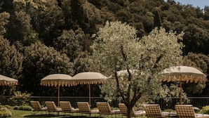 Zona junto a la piscina con sillones de descanso y sombrillas, rodeada de abundante vegetación y una colina al fondo.