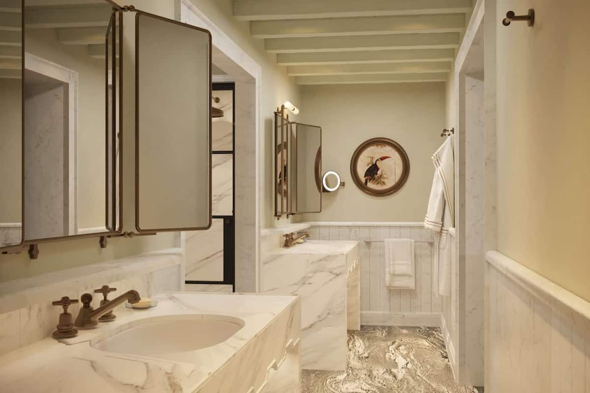 combined shower/bathtub, rainfall showerhead, hair dryer, bathrobes