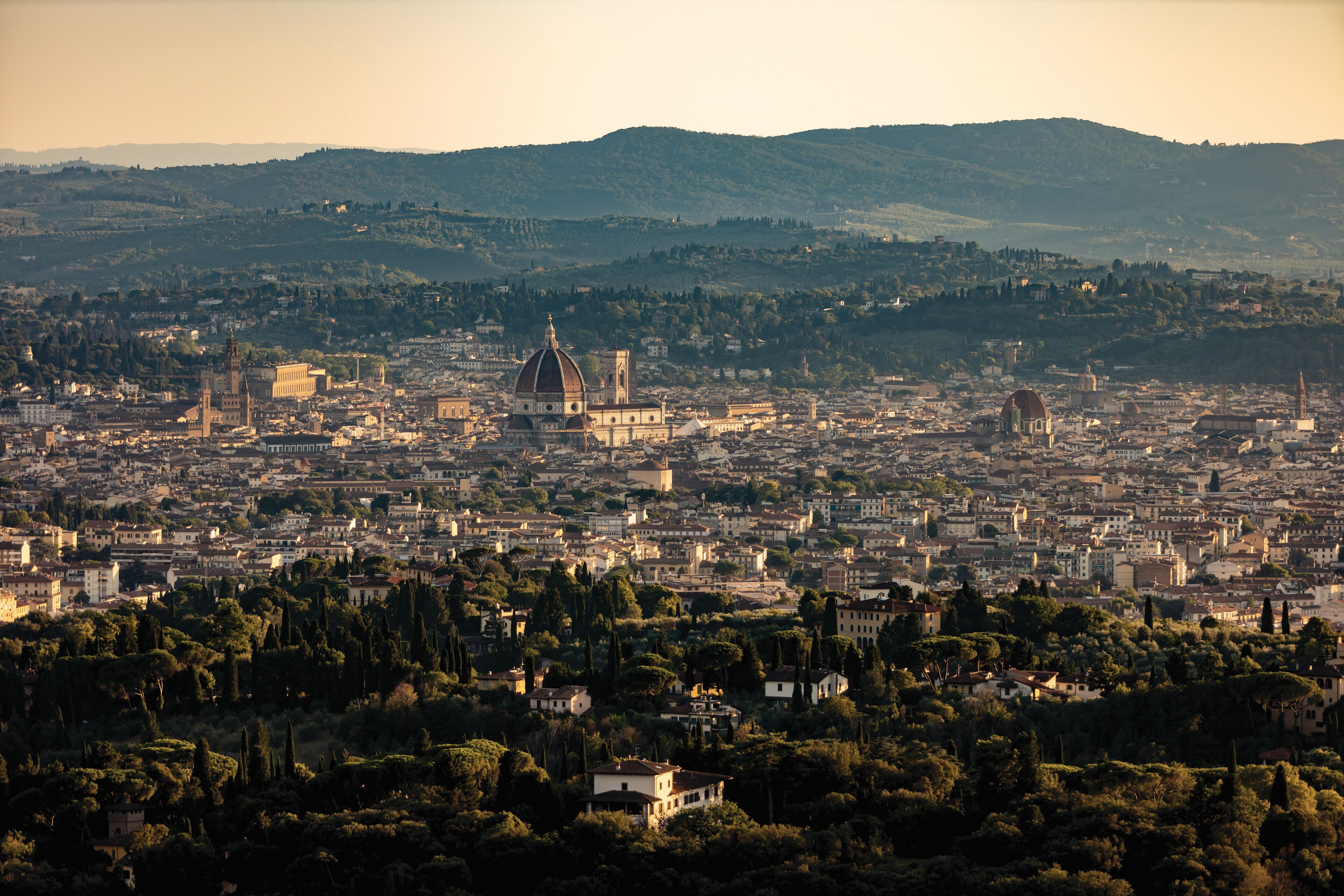 Vista panorámica de un paisaje urbano con arquitectura histórica destacada, incluyendo edificios con cúpulas y torres, sobre un fondo de colinas ondulantes.