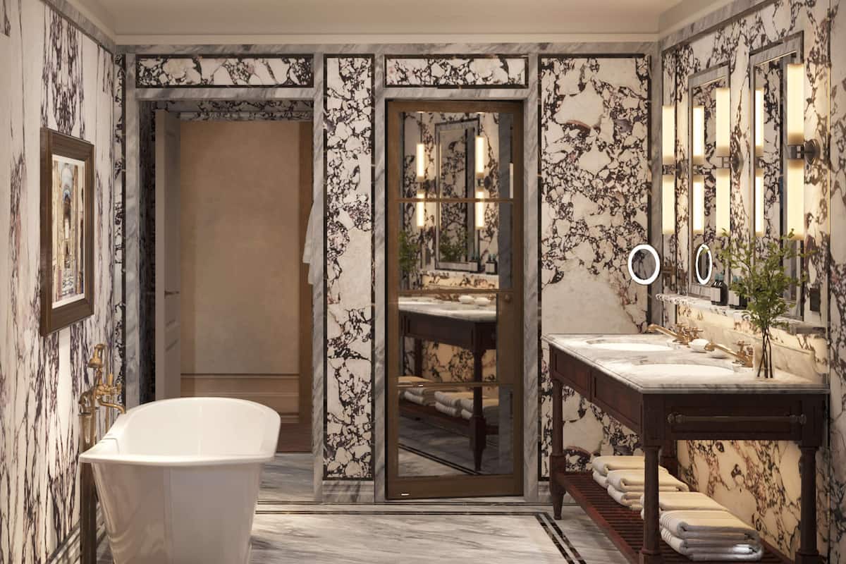 combined shower/bathtub, rainfall showerhead, hair dryer, bathrobes