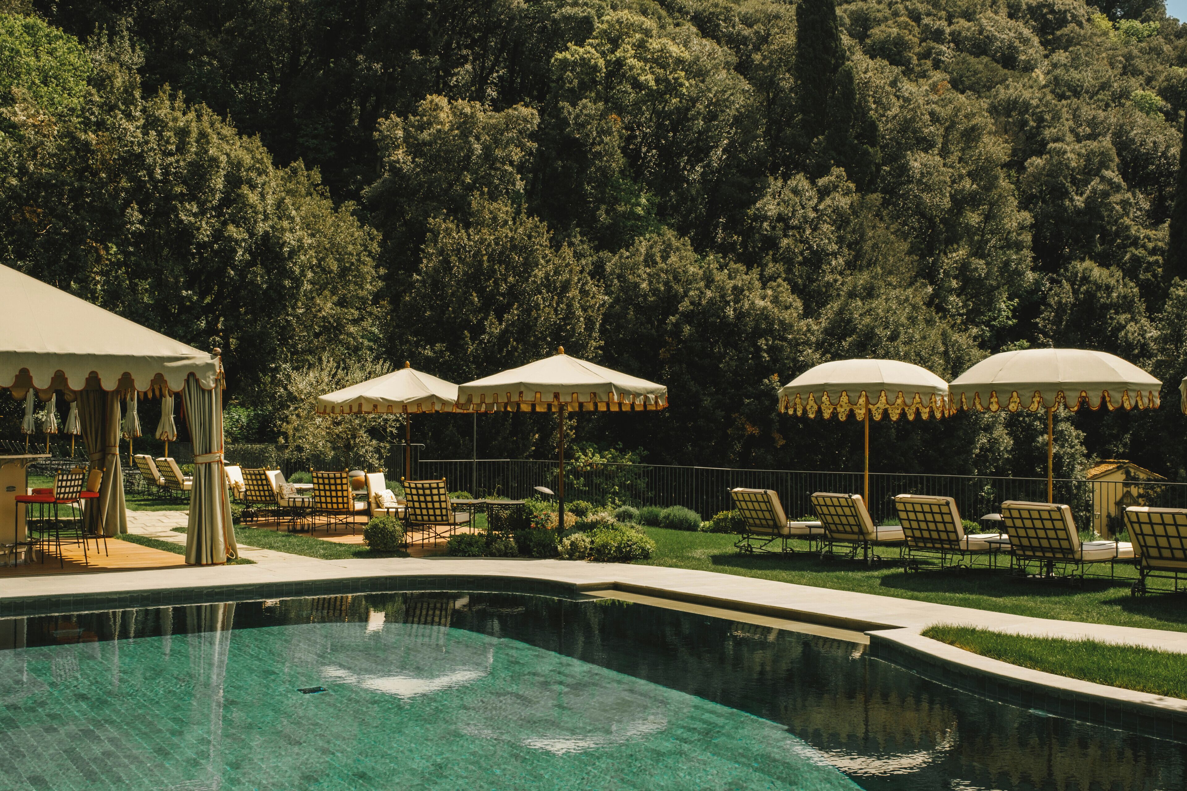 outdoor pool, pool loungers